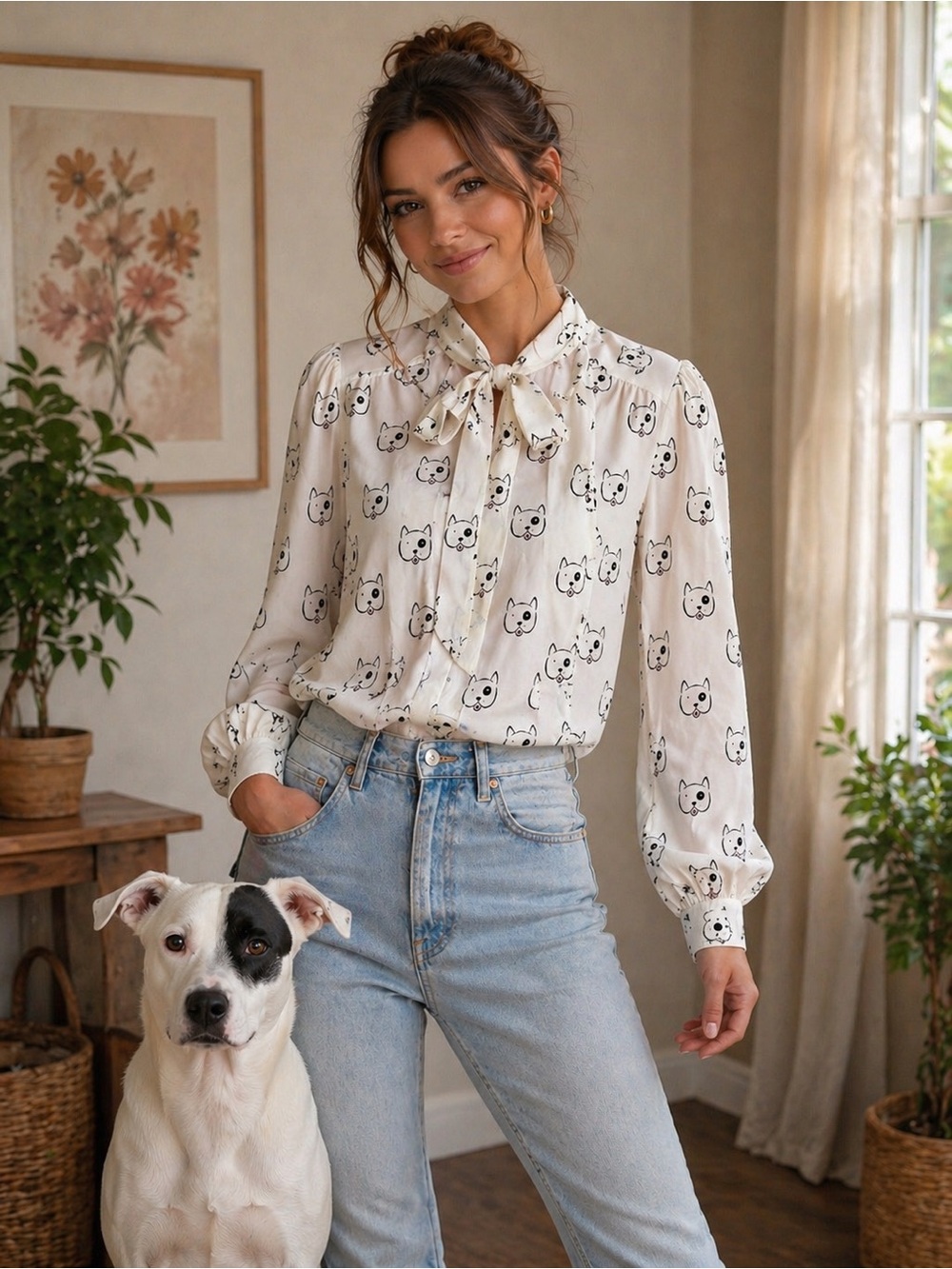 NWT Tulip B Spotted Dog Print Blouse Tie Bow Cream Black Fun Whimsy Women’s